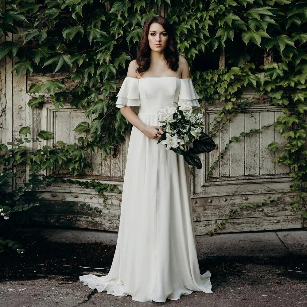 Charming Off Shoulder White Beach Wedding Dresses With Sleeves A