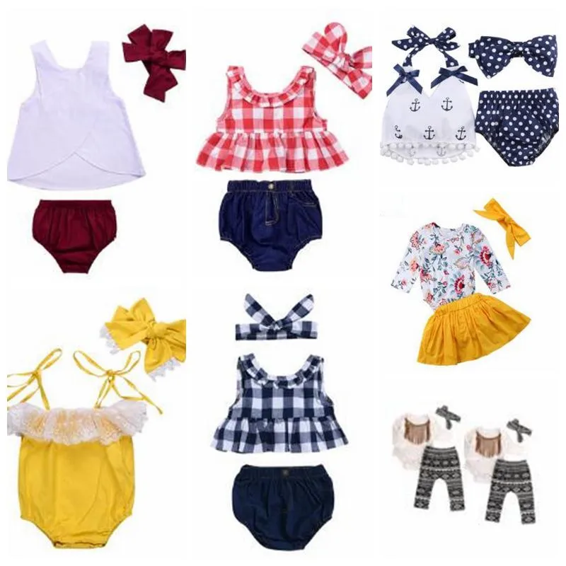 Baby Kläder Tjejer Grid Tassel Passar Kids Polka Dot Blommokläder Satser Mode Boutique T Shirt Rompar Blue Pants Headband Outfits 4905