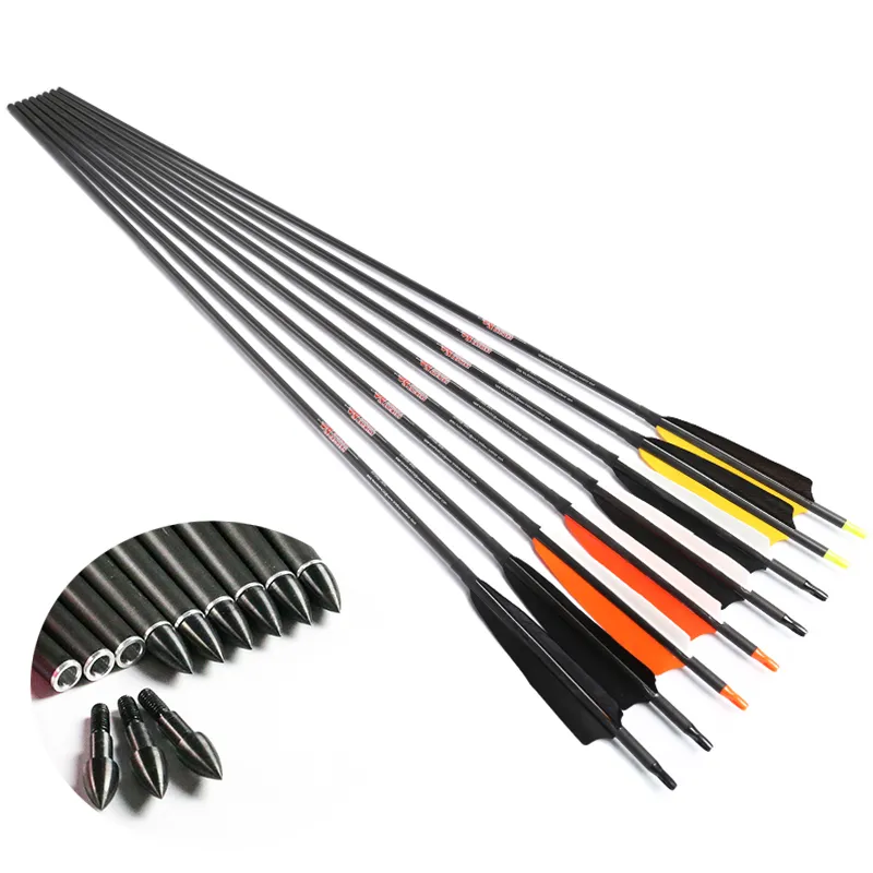 12PCS Archery SP400 Углеродные Стрелки Валы Турция Перья Вставка Изогнутый Составной Лук Охота