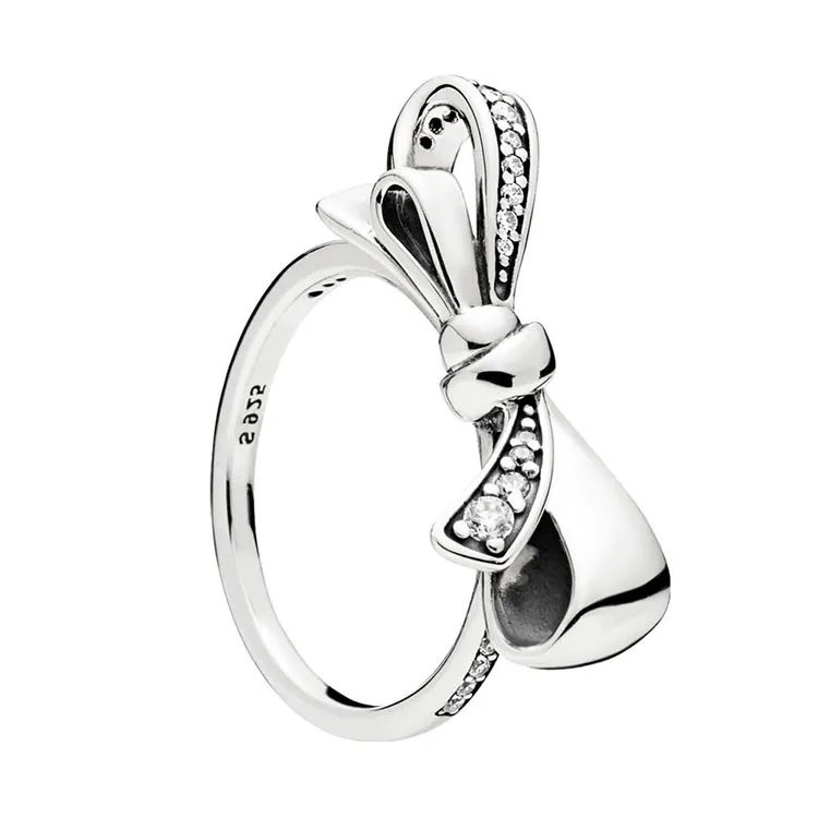 CZ Diamond Brilliant Bow Ring Set oryginalne pudełko na Pandora 925 Sterling Silver Women Wedding Gift Rings