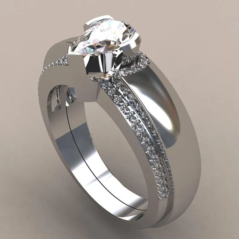 Wukalo New 2pcs / set Waterdrop Wedding Ring Set Pera Cut Cubic Zironia Micro Pave Anello di fidanzamento per donna