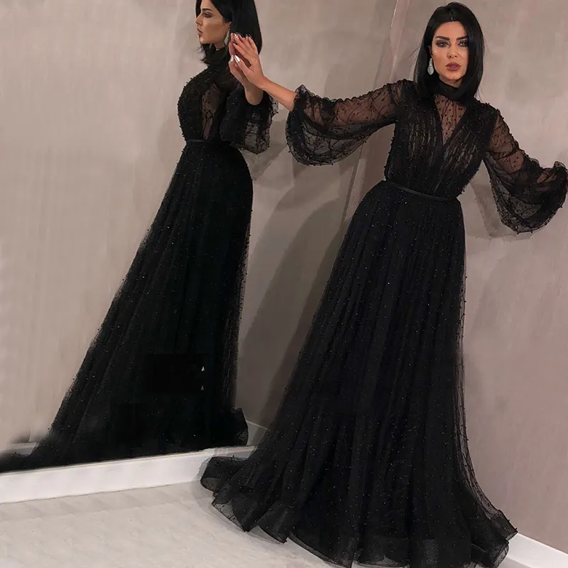 Black Peach Pearls Beach Tulle Evening Dresses 2019 Latest Design Long Sleeves Sexy Party Formal Graduation Evening Gowns Robe De Soiree From 106 98 DHgate