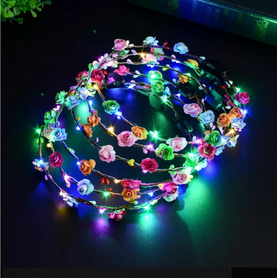 Flashing LED Hairbands strings Scrunchie Glow Flower Crown Headbands Light Party Rave Floral Hair Garland Luminous Hand Decorative LSK126