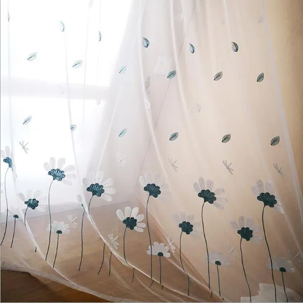 Sheer Curtains Small fresh rural simple flower leaf embroidery white yarn bedroom living room balcony finished window screen