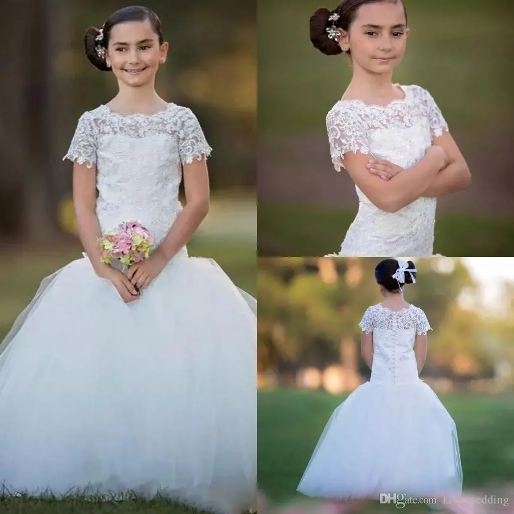 Bonito vestido de baile flor meninas vestidos de renda corpete comprimento do assoalho crianças vestido de noiva primeiro vestido de comunhão