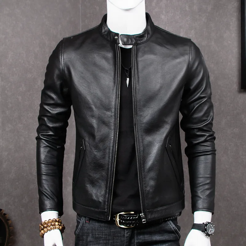 Moda jaqueta de couro genu no masculino casaco de pele de carneiro para homem plus size jaquetas de couro de vaca real chaqueta cuero hombre mt681