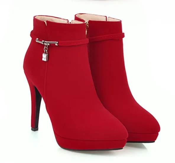 Rozmiar 33 do 43 Buty ślubne Bridal Red Suede Botki Zimowe Kobiety Designer Buty Platformy Wysokie Obcasy