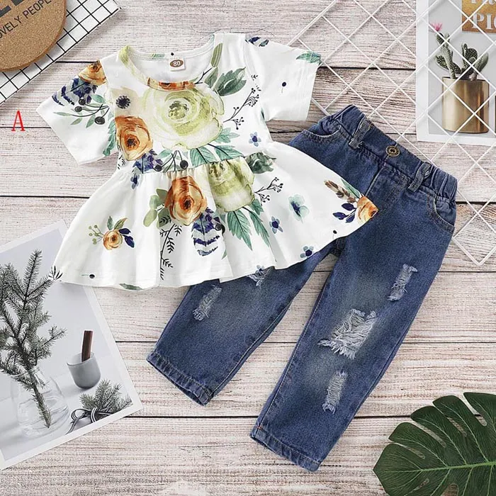3 цвета девочка летняя одежда наборы одежды O-шеи с коротким рукавом полная цветочная печать рубашка + джинсовые брюки летняя девушка одежда