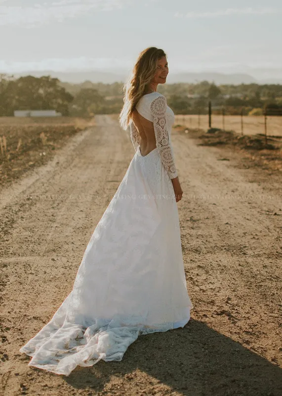 knee length dresses for ladies Zapaka Women Ivory Boho Simple Sheath Long Sleeves Wedding Dress with Lace  – ZAPAKA