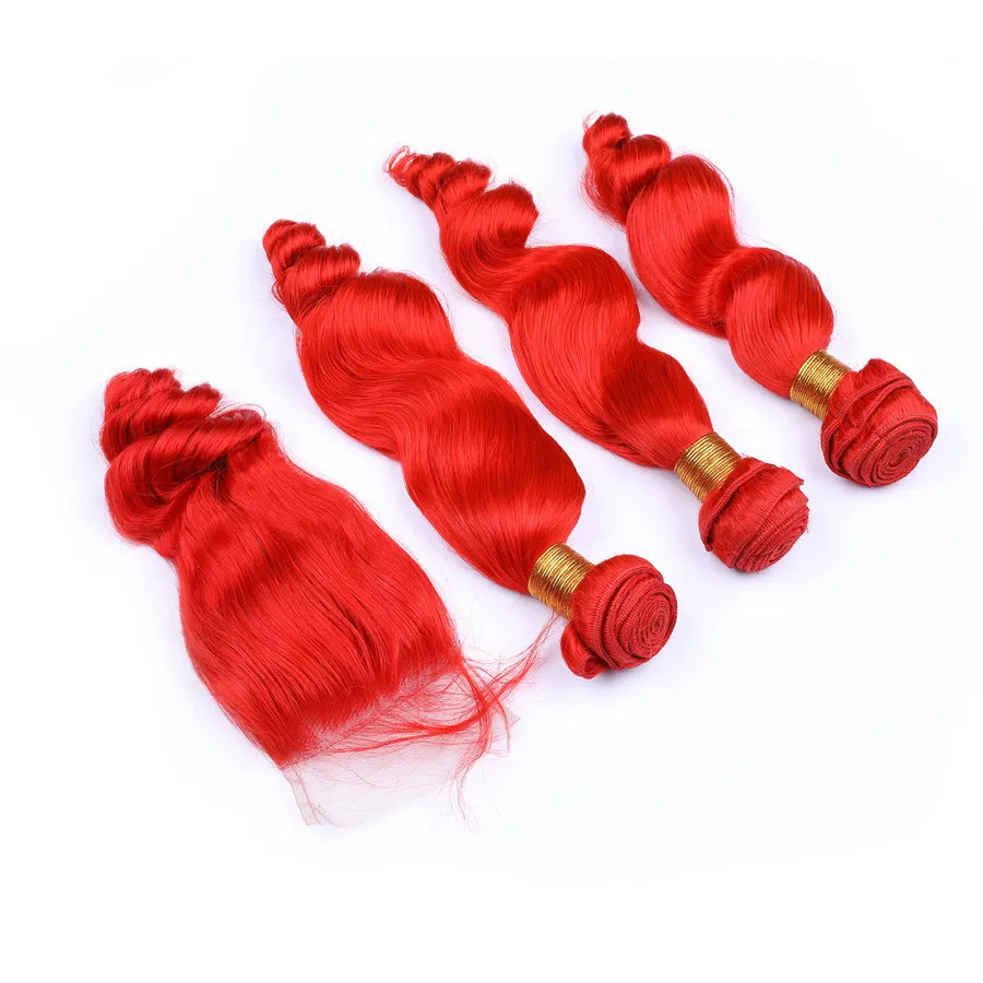 Kızıl saç kapatma demetleri uzantıları kırmızı ile kapatma Brezilyalı 3 Paketler ile Kapatma Gevşek Dalga saç demetleri ile örgüleri