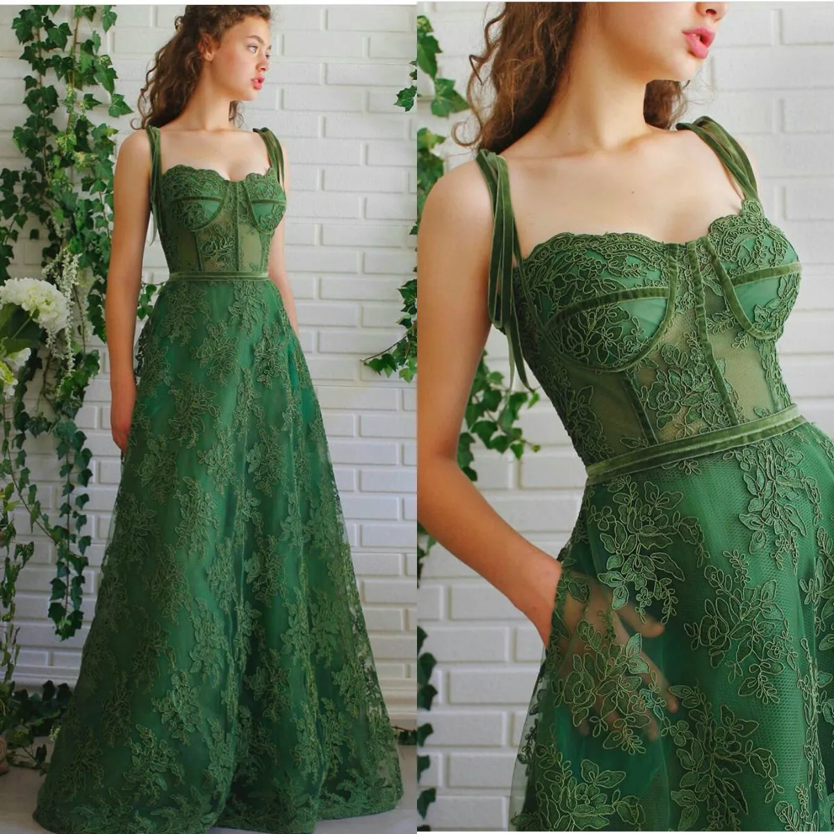 Green Aftonklänningar Spaghetti Strap Ärmlös Applique Lace Sweep Train Party Wear Billiga Backless Custom Made Formal Women Gown Hot Sell