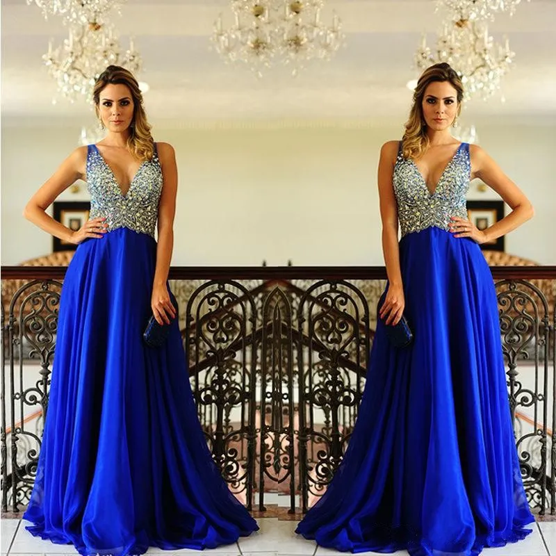 Superbe 2019 Nouvelles Robes De Bal V Cou Coloré Cristaux Perles Corsage Une Ligne De Longueur De Plancher Royal Blue En Mousseline De Soie Vestidos de fiesta largos