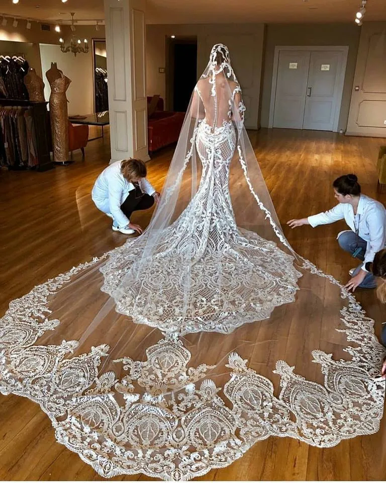 New 3M Long Veil Lace Appliqued Cathedral Length Wedding Veil