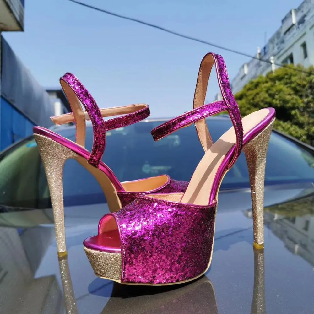 Olomm Kadın Glitter Platform Sandalet Seksi İnce High Heels Sandals Peep Toe Muhteşem Fuşya Parti Ayakkabıları Kadınlar Us Boyut 5-15