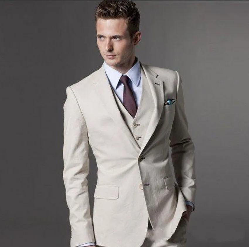 Mükemmel Bej Damat smokin Notch Yaka Slim Fit Man Düğün 3 Adet Suit Erkekler İş Yemeği Balo Blazer (Ceket + Pantolon + Kravat + Yelek) 597