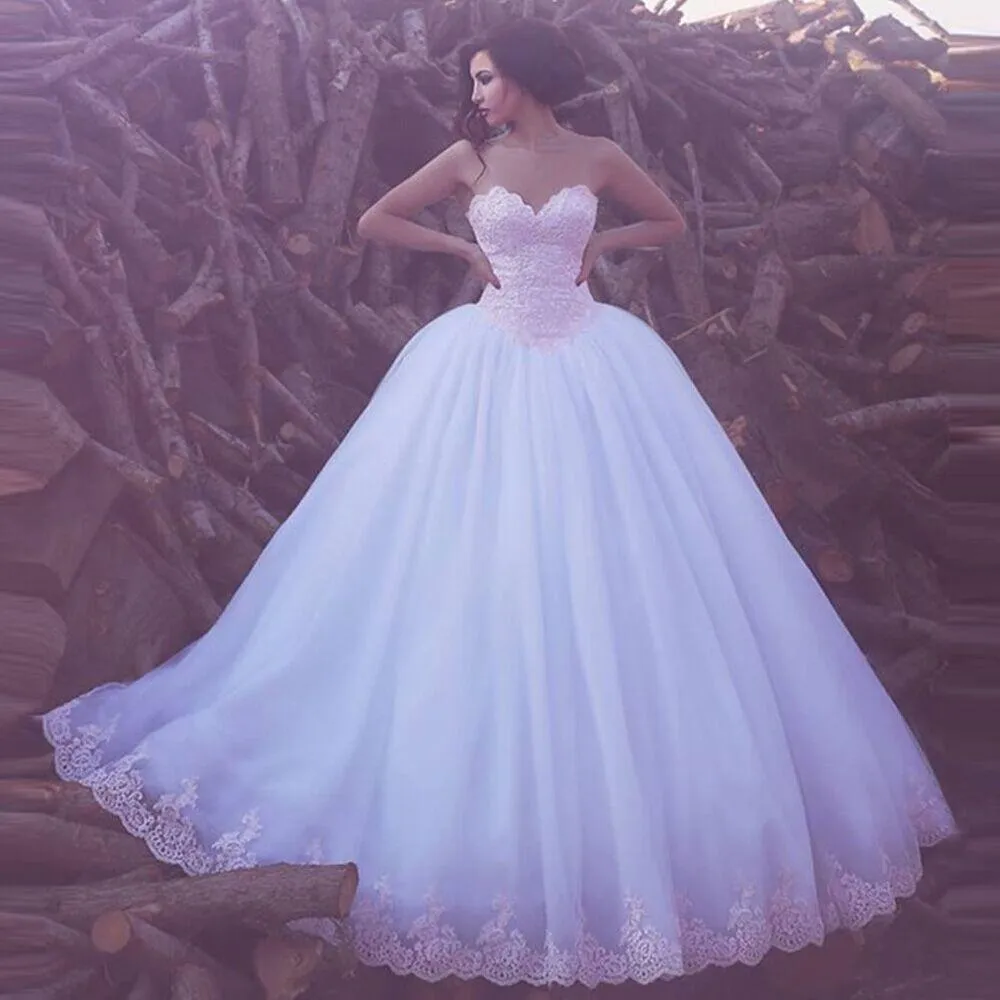 Eleganckie Białe Suknie Ślubne Sweetheart Aplikacja Suknia Balowa Suknie Ślubne 2019 Koronka Saudyjska Arabska powiedziała Mhamad Nowe Plus Size Wedding Suknie ślubne