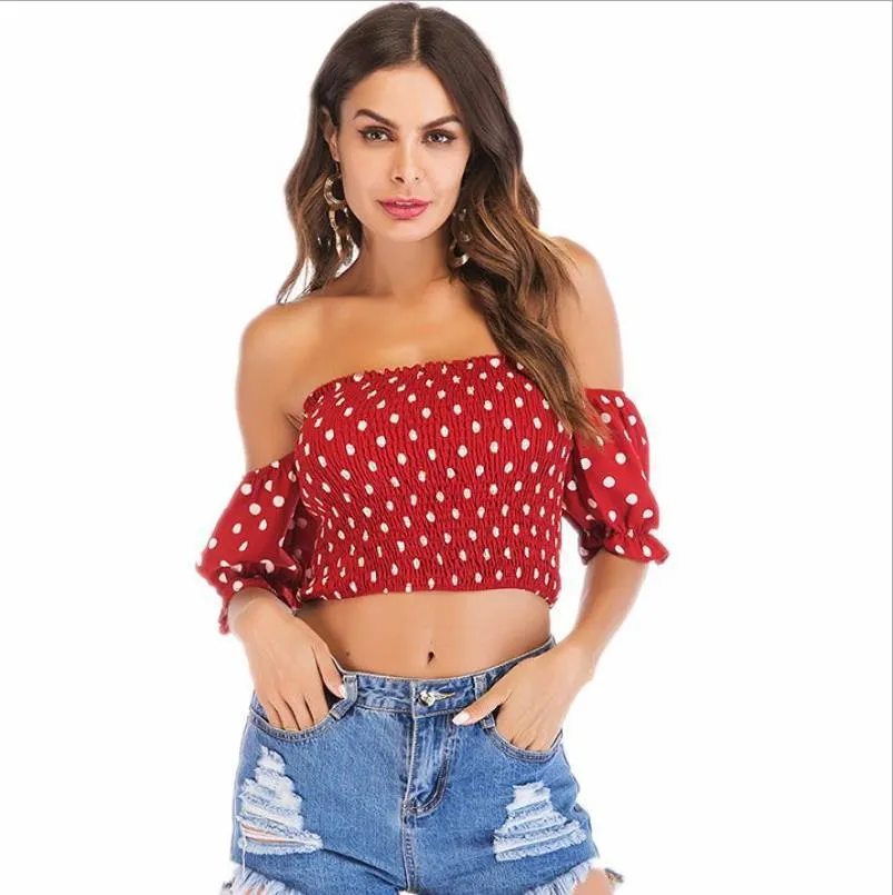 2019 donne Polka Dots manica corta Carino Garm esterna superiore bluse di chiffon camicia femminile estate spalle delle donne