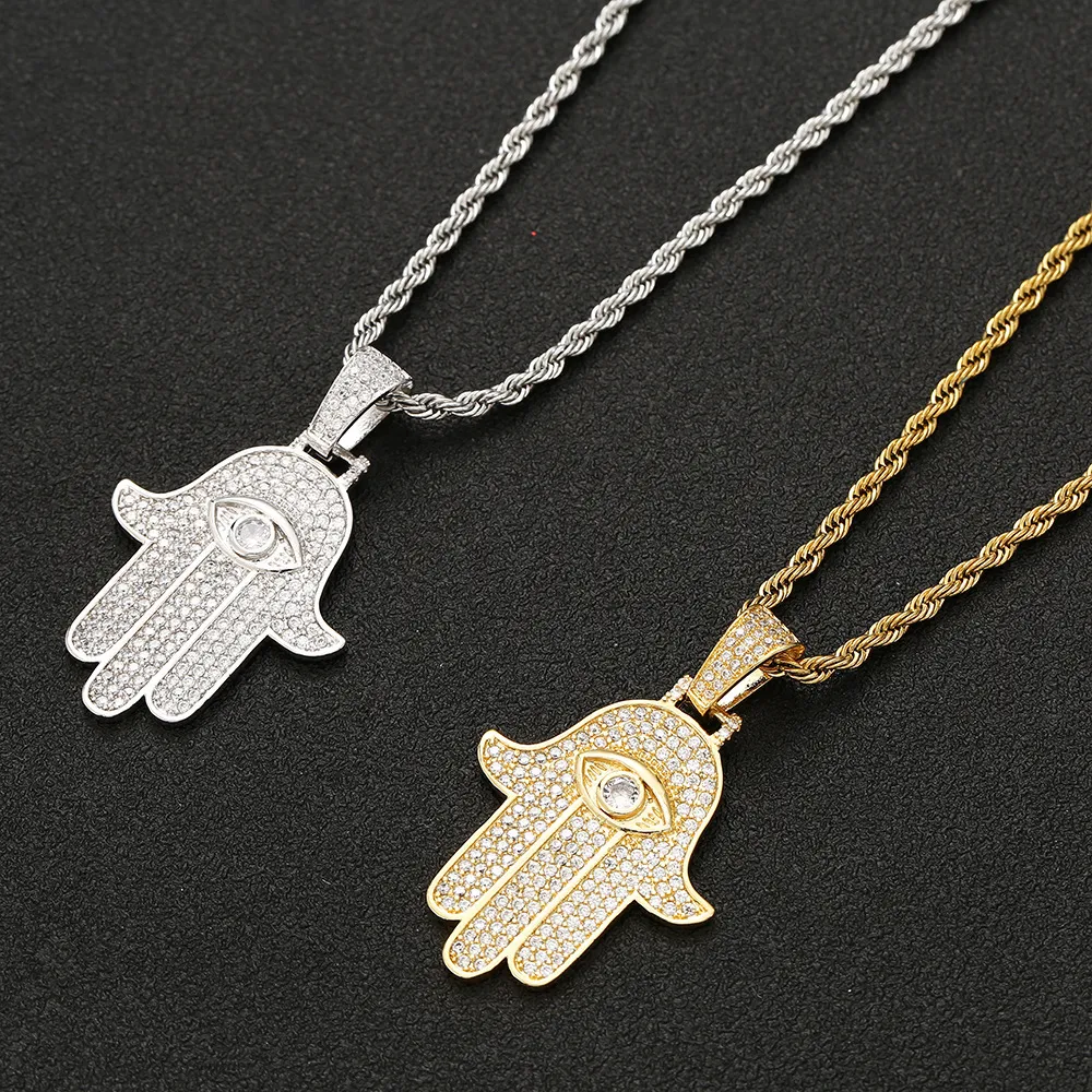 Iced Zircon Hamsa Handhänge Koppar Material Guld Silver Fatima Palm Halsband Hip Hop Smycken För Män Kvinnor