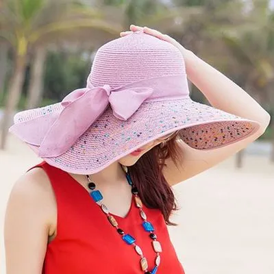 Cappello Di Paglia Da Donna A Tesa Larga Con Fiore Fatto A Mano - Pieghevole, Protezione Solare, Rosa, Taglia M