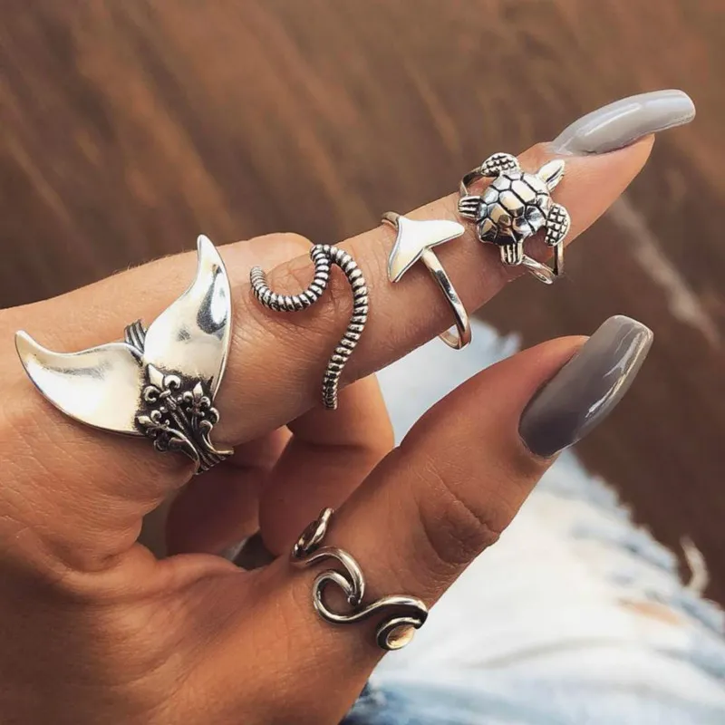 5pcs / set Vintage Ringar för kvinnor Boho Geometrisk Silver Turtle Whale Tail Waves Ring Set Knuckle Finger Charm Smycken