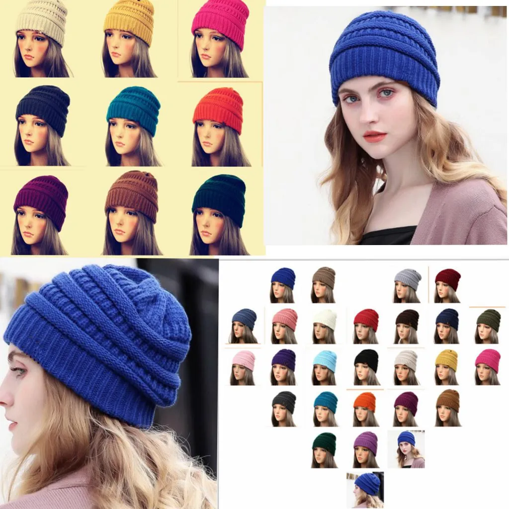 25色の成人女性キャップ帽子スカリートレンディな暖かい分厚い柔らかいストレッチケーブルニットスラツィビーニーウィンターハットスキーキャップKKA6309