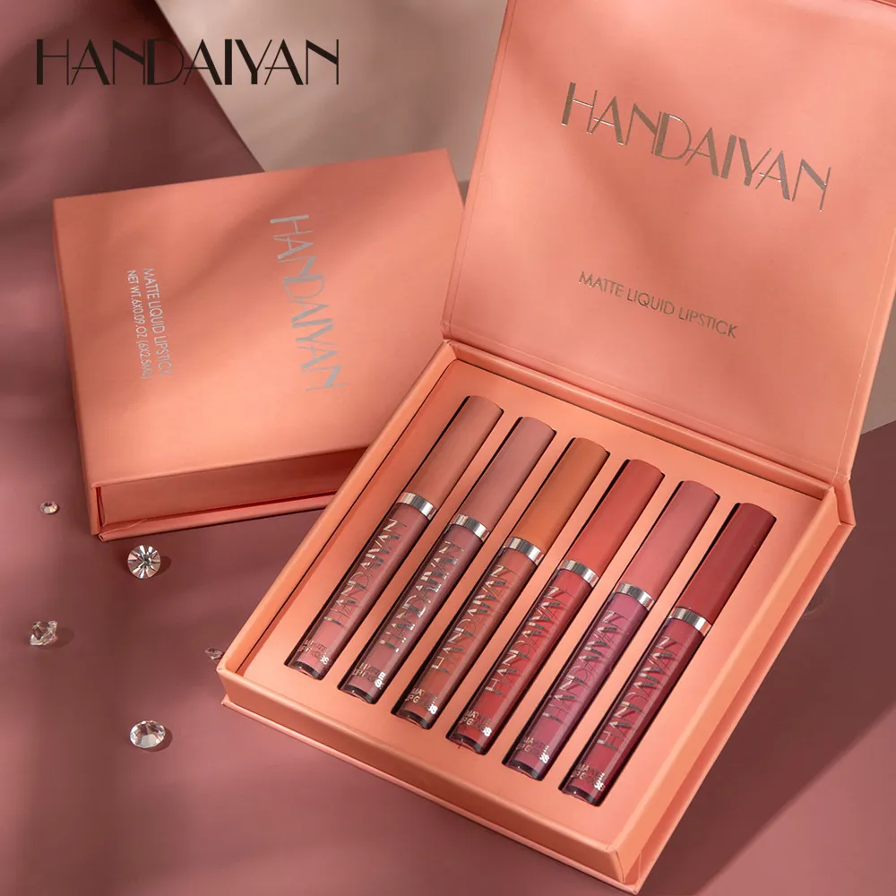 China merk HANDAIYAN lipolie Matte Lipgloss Waterdicht Langdurig Sexy Vloeibare Lipgloss Professionele Make-up Lip Set Fluwelen Liqu9735774