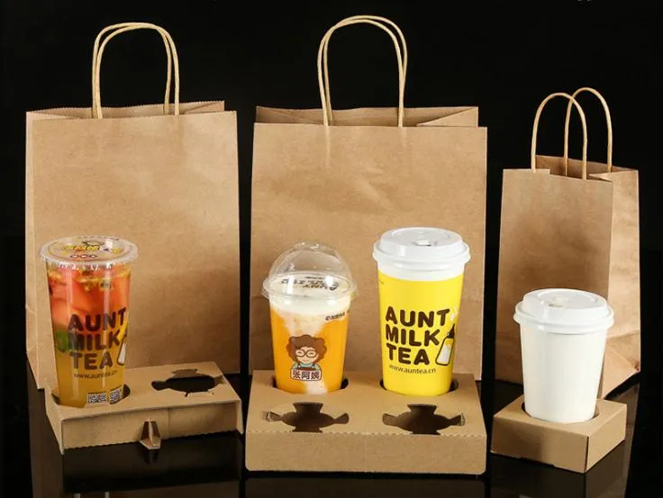 Disposable Kraft Paper Coffee Cup Holder With Handle Bag Set Takeout ...