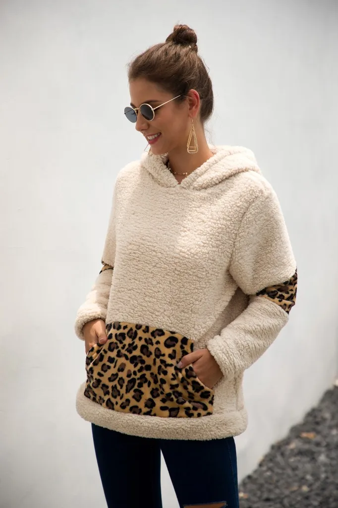 Fashion-Patchwork Pullover Långärmad Zipper Sherpa Leopard Sweatshirt Mjuk Fleece Hooded Outwear med fickplattor Hoodie Coat LJJA3149