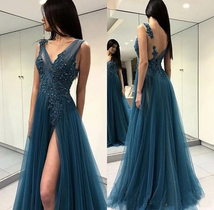 Długie sukienki Prom Dark Blue Vestido De Festa Illusion Bodice Backless Front Slit Specjalne okazje Suknie Aplikacje Frezowanie Formalna sukienka imprezowa