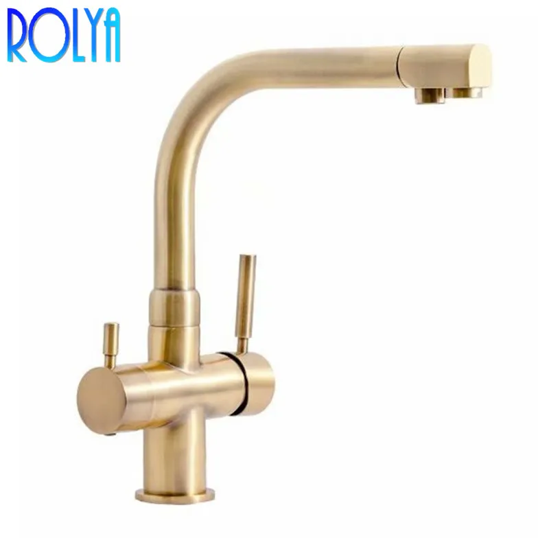 Rolya Ronda Antique Brass Kitchen Faucet Old Style Tri Flow Swivel Sink Mixer Vintage 3 Way Water Filter Taps