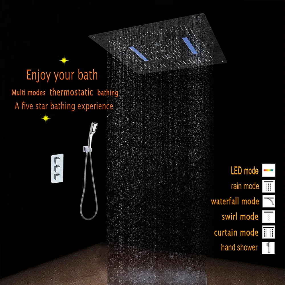 Inwall Bathroom Show Set Tap 6 Funções Misturador Termostático 800x800 LED Teto Duche Head 4 Funções Cachoeira Chuva Redemoinho Cortainf5424