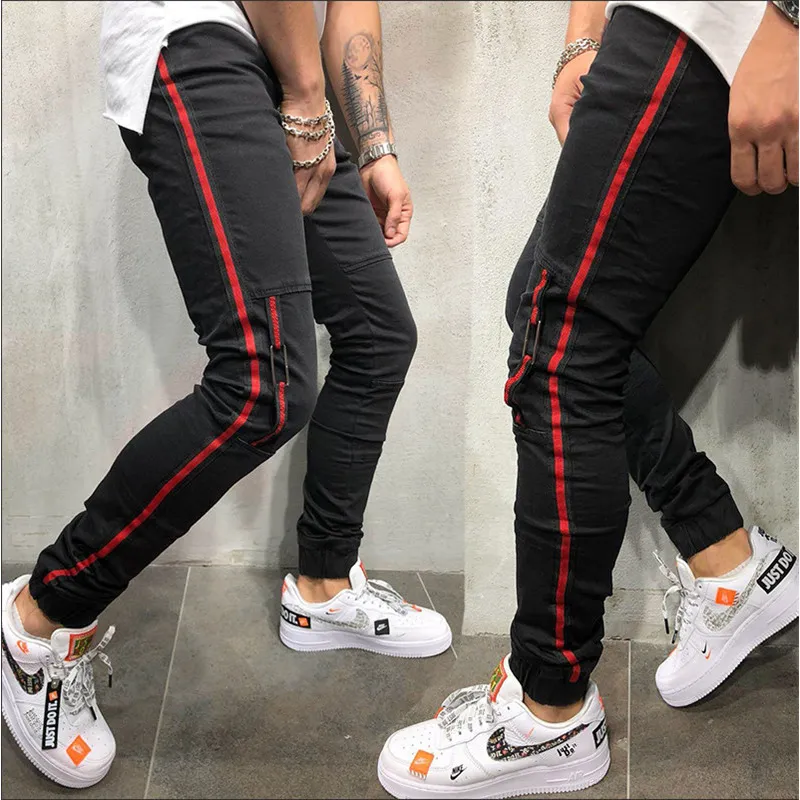 Men's Jeans Skinny Men Red Stripe Mens Biker Denim Super Spray Black Pockets Rubber Band Of Calf