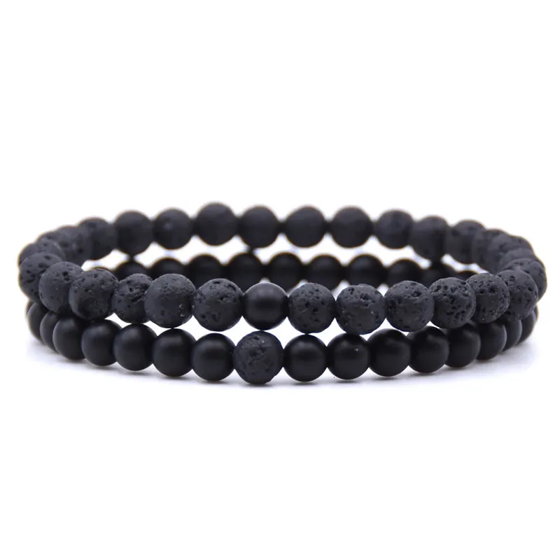 NIUYITID 2pcs/set 6mm Lava Stone Bracelet Men Women Jewelry Lovers' Couple Braclet Natural Stone Bracelet Armband Heren