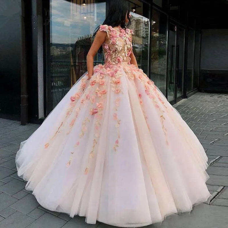 2019 Floral 3D de bola del vestido formal del vestido elegante increíble Prom Vestidos Gala Vestidos de longitud de Cap manga larga vestidos de noche abendkleider