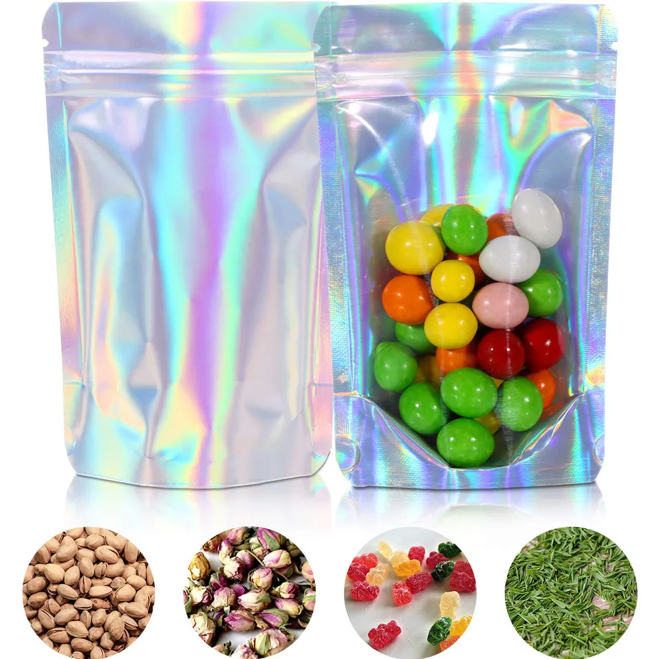 Flat Zip Lock Bath Salt Ziploc Cosmetic Bags One Side Clear Holographic