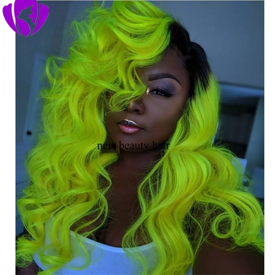 Ombre Neon Green / Yellow Syntetic Lace Front Paryker med Baby Hair Pre Plocked Body Wave Wavy Brazilian Full Lacewigs för svarta kvinnor