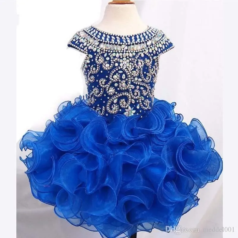2024 Royal Blue Toddler Girls Organza Ruffle Pageant Dress Kids Prom Gown Crystal Ball Gown First Holy Communion Dress