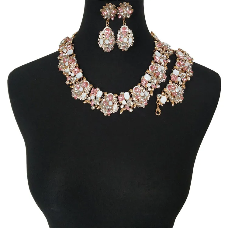 Vintage Statement Necklace Earrings Bracelet Set with Crystal Drag Queen Costume Jewelry for Women Party 7 Colors 1 Set