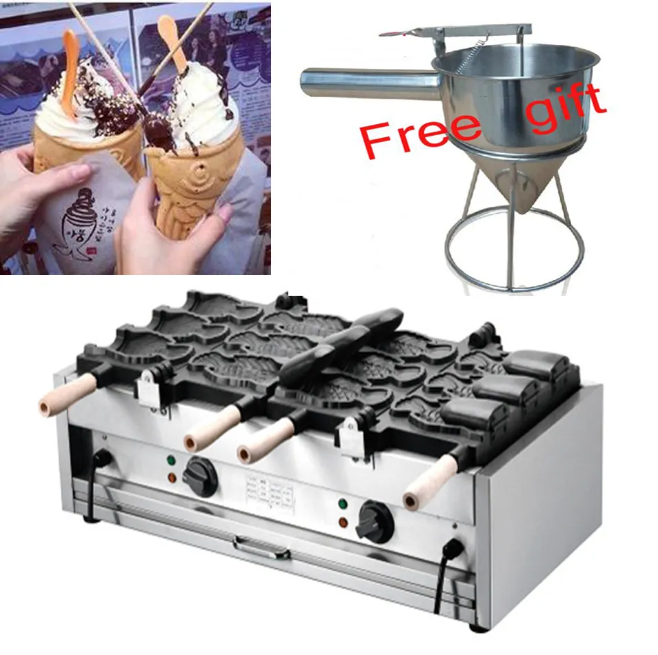 Gratis frakt Electric 6 PCS Big Fish Cone Waffle Maker Ice Cream Taiyaki Macine