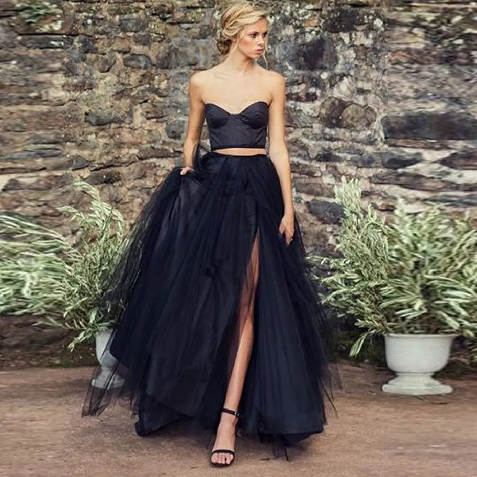 Magique Noir Long Chic Côté Fendu Puff Tulle Maxi Tutu Jupes Femmes Drapé Mode Femme Jupe Saia Jupe Faldas Y190428