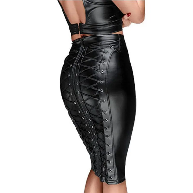 Gothic Wet Look Black Faux Lederen Rok Sexy Punk Back Rits Lace Up Wrap Potlood Rok 2020 Zomer Bodycon Mini Rokken Dames