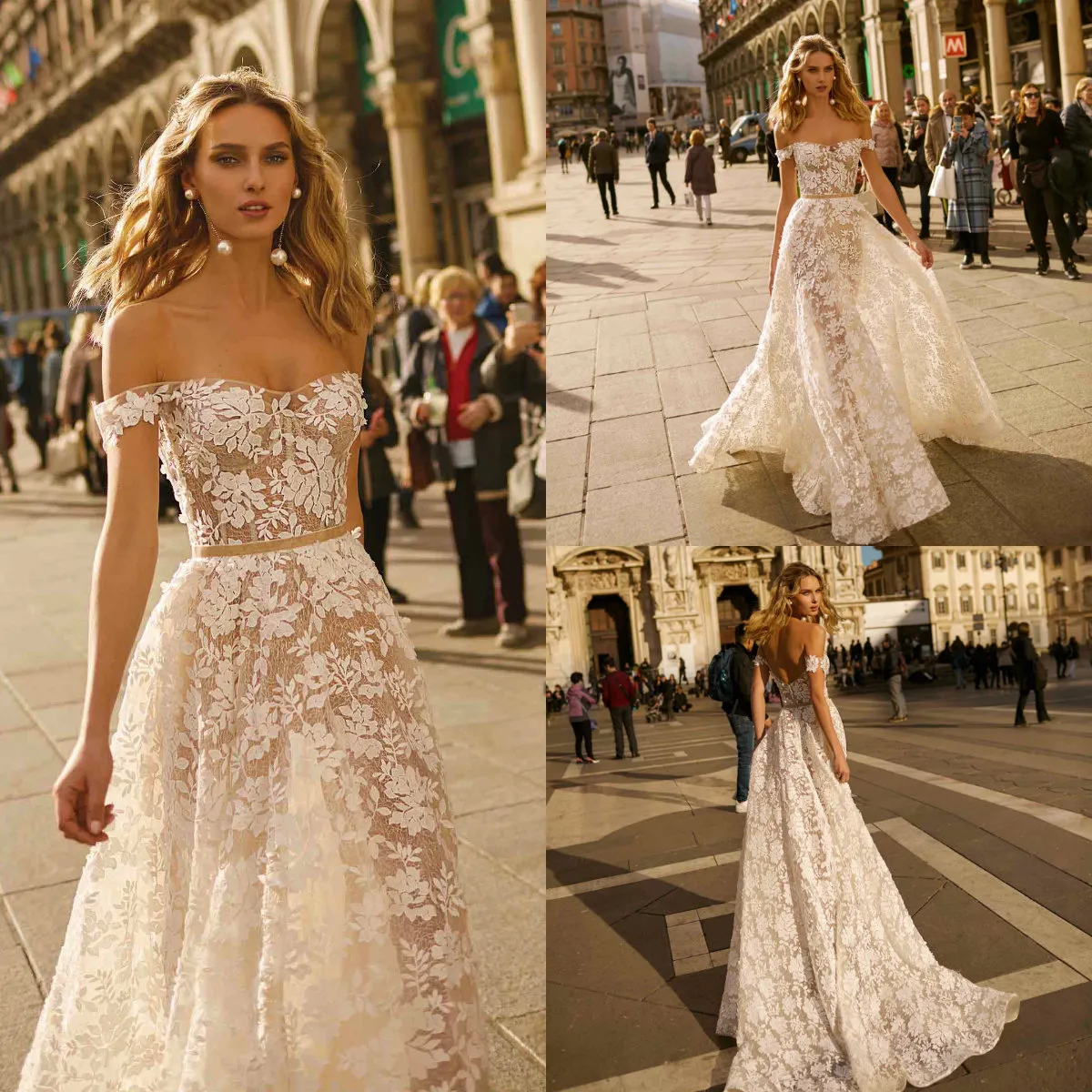 Berta 2020 Abiti da sposa da spiaggia Spalle scoperte Applique in pizzo Sweep Train Abiti da sposa Backless Custom Made Illusion Abiti da sposa sexy