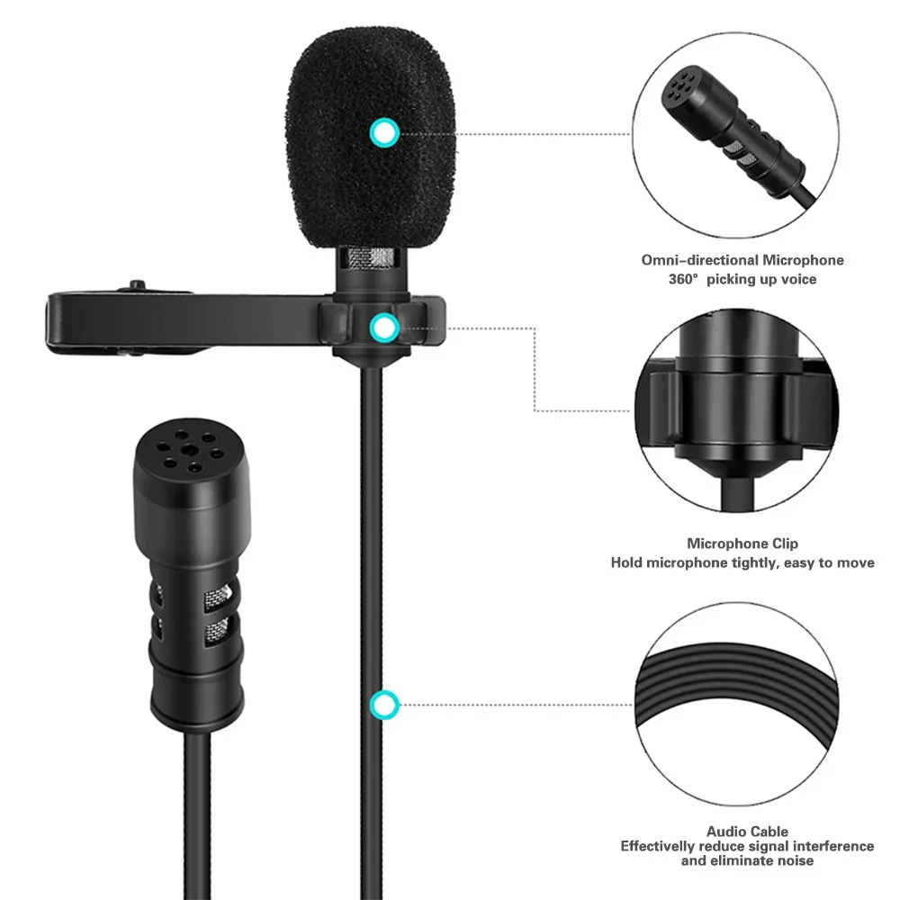 Mini Portable Microphone Audio Recording Condenser Collar Clip Lapel Lavalier 3.5mm Wired Microphones for Phone PC Laptop Conference