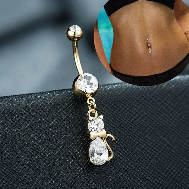 Sevimli Şık Kedi ilmek Kristal Dangle göbek halkası Paslanmaz Çelik Navel Ring Seksi Vücut Piercing Yaz Parti Takı Altın