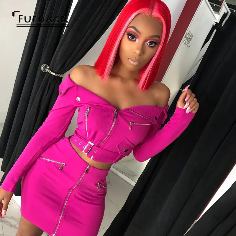 Fuedage 2019 Sexy Off Shoulder Two Piece Set Solid Zipper Bodycon 2 Piece Set Women Long Sleeve Belt Top And Skirt Summer Set Q190419