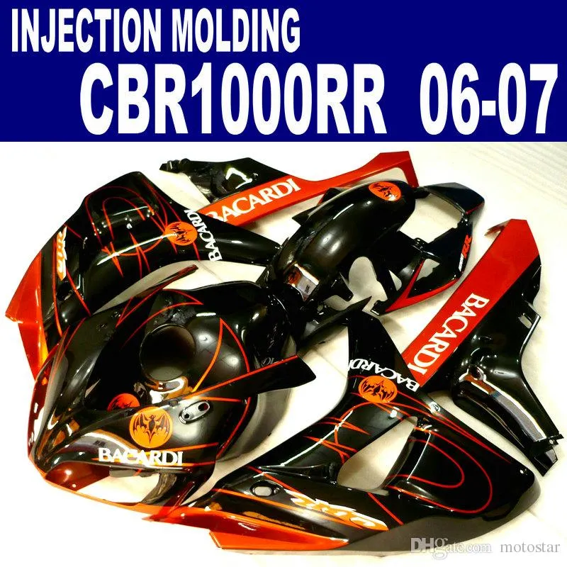 Injektionsgjutningssats för Honda CBR1000RR 06 07 Svart Röd Bacardi CBR 1000 RR 2006 2007 Fairings VV10