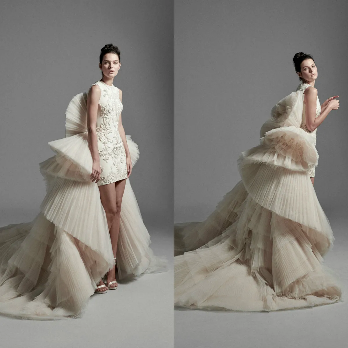 2020 Krikor Jabotian Wedding Dresses With Detachable Train Tulle Ruffles Tiered Skirts High Low Wedding Dress Custom Made Abiti Da Sposa