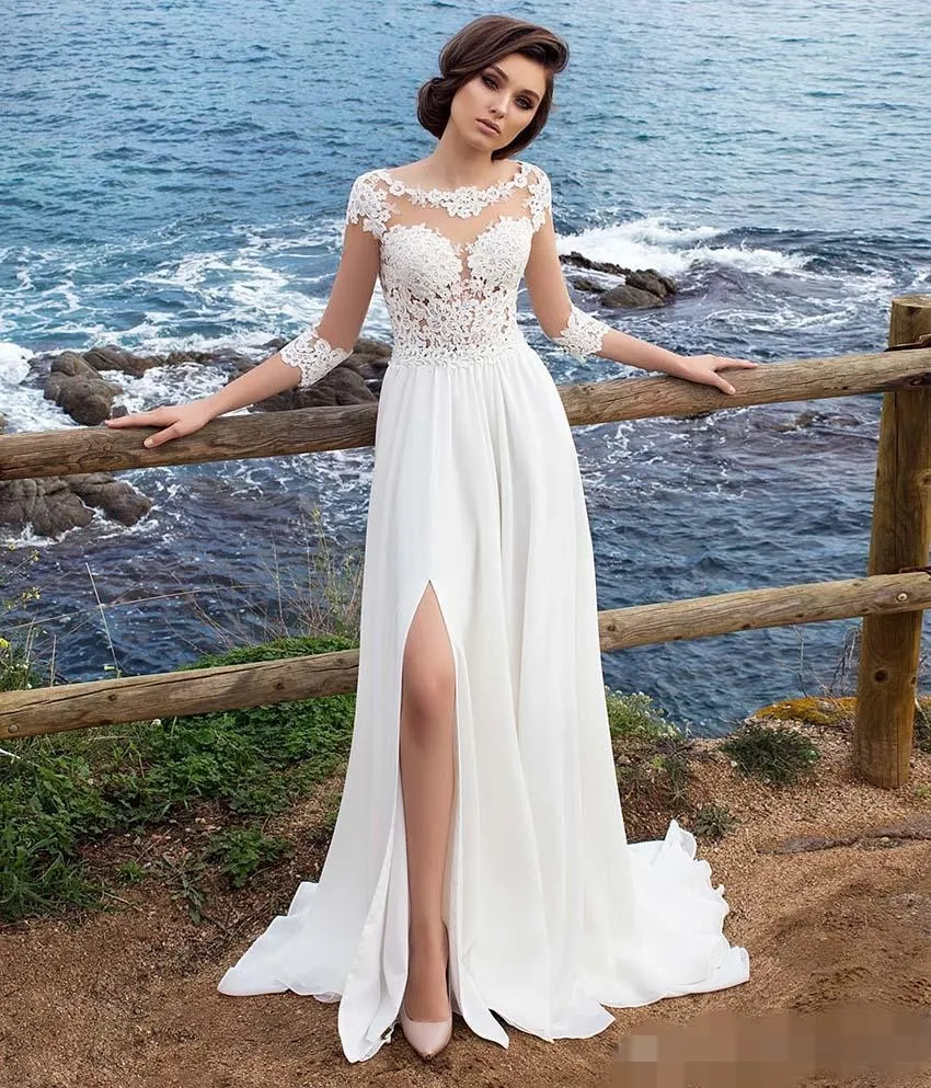 Elegant Long Sleeve Beach bohemian wedding dress with Illusion Side Slit, Tulle Lace Applique, Chiffon Fabric, Scoop Neck, and Sweep Train - Perfect