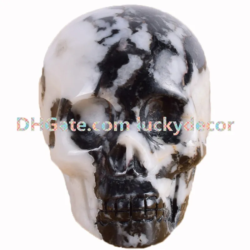 10st Zebra Marble Skull 2 ​​"Vit och svart Jasper Realistisk Hand Skuren Ying Yang Stone Crystal Mänsklig Skull Healing Reiki Wicca Altar Shrine