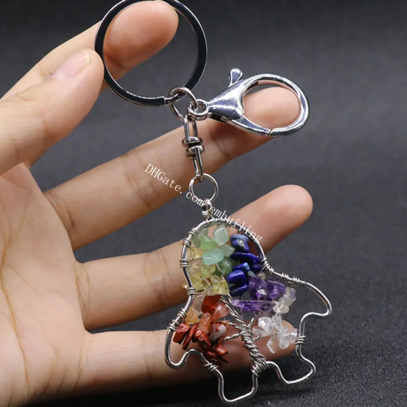 10Pcs 7 Chakra Yoga Tree of Life Keychain Handmade Wire Wrapped Natural Crystal Stone Beads Family Tree Penguin Keyring Handbag Purse Charm